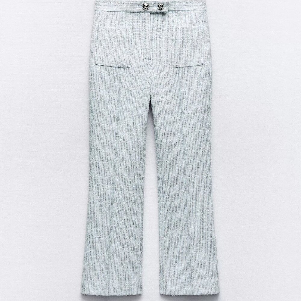 Structured Flared Pants Metallic Tweed Blue Size S NWT